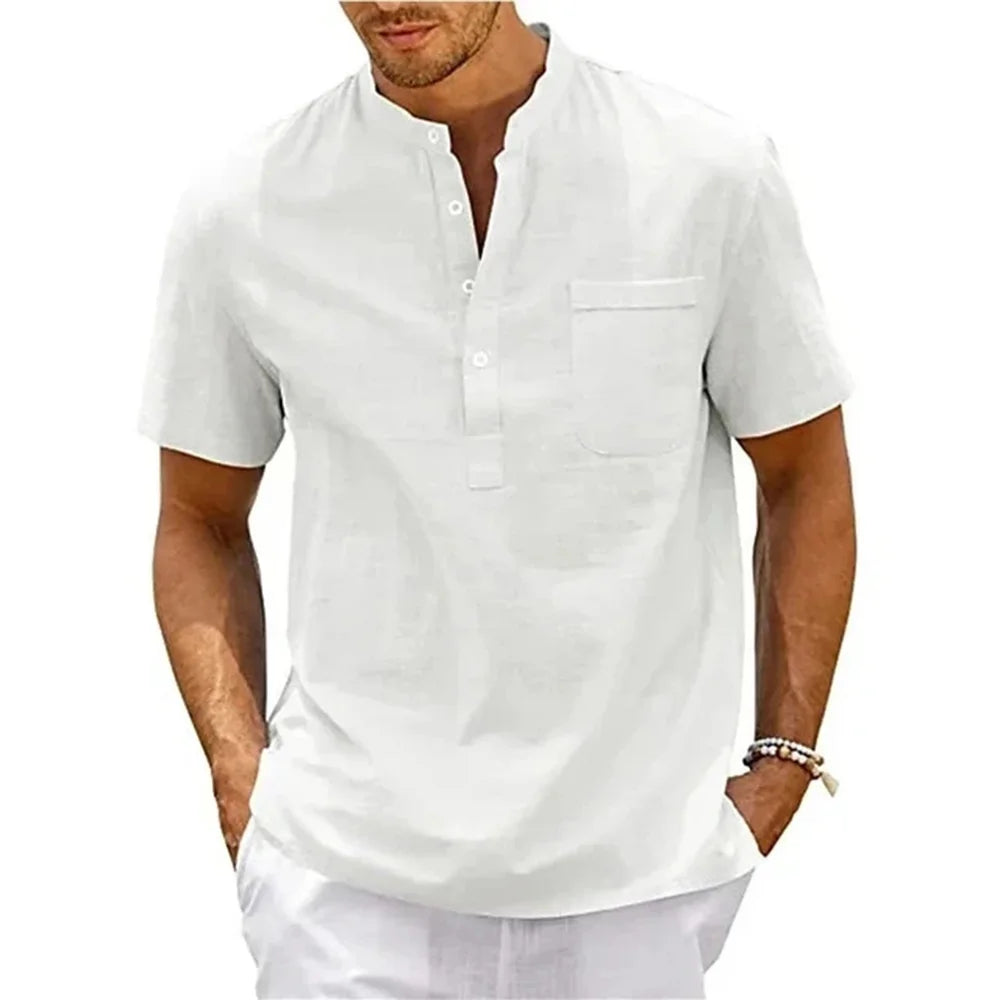 Chemise en coton et lin pour hommes, col Henley, poche, décontractée, plage, manches courtes, couleur unie, hauts T-shirts, Vintage, Streetwear