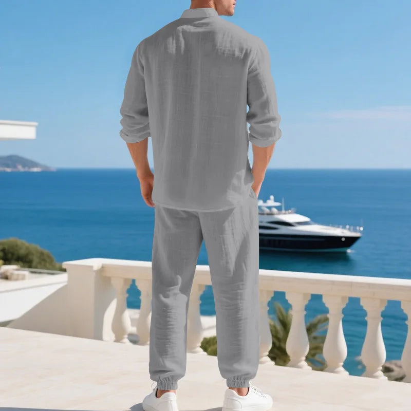 Ensemble américain en lin ample pour hommes, chemise hawaïenne fine Henry, pantalon à manches longues, pour les déplacements domicile, automne