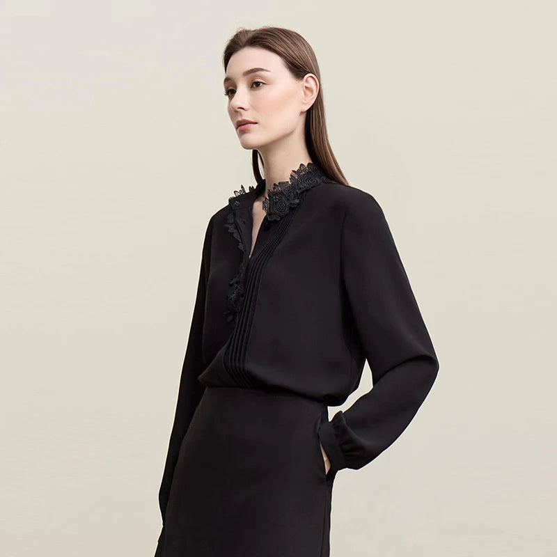 Chemisier Amii en Chiffon 2026 Nouvelle Collection Automne – Blouse Élégante Plissée à Dentelle pour Femme, Boutons Cachés, Style Commuter 12641075