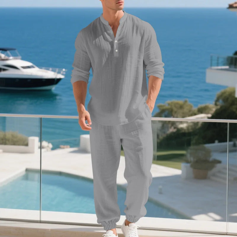 Ensemble américain en lin ample pour hommes, chemise hawaïenne fine Henry, pantalon à manches longues, pour les déplacements domicile, automne