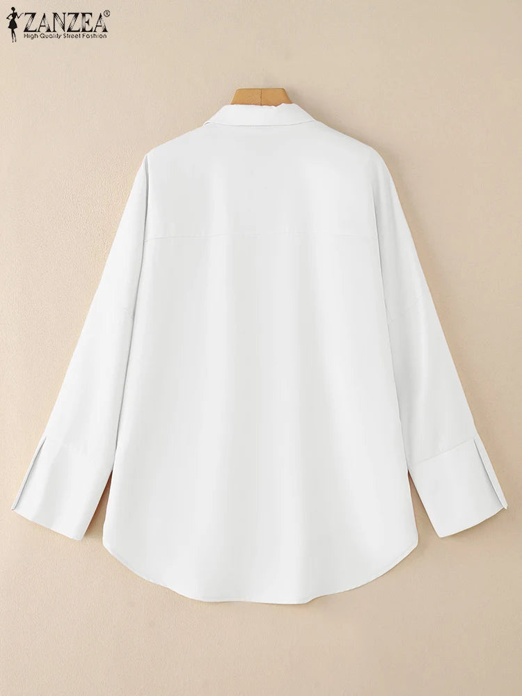 ZANZEA Chemisier blanc oversize pour femme, col rabattu, manches longues, boutonné, coupe asymétrique, couleur unie, collection automne 2026, style streetwear