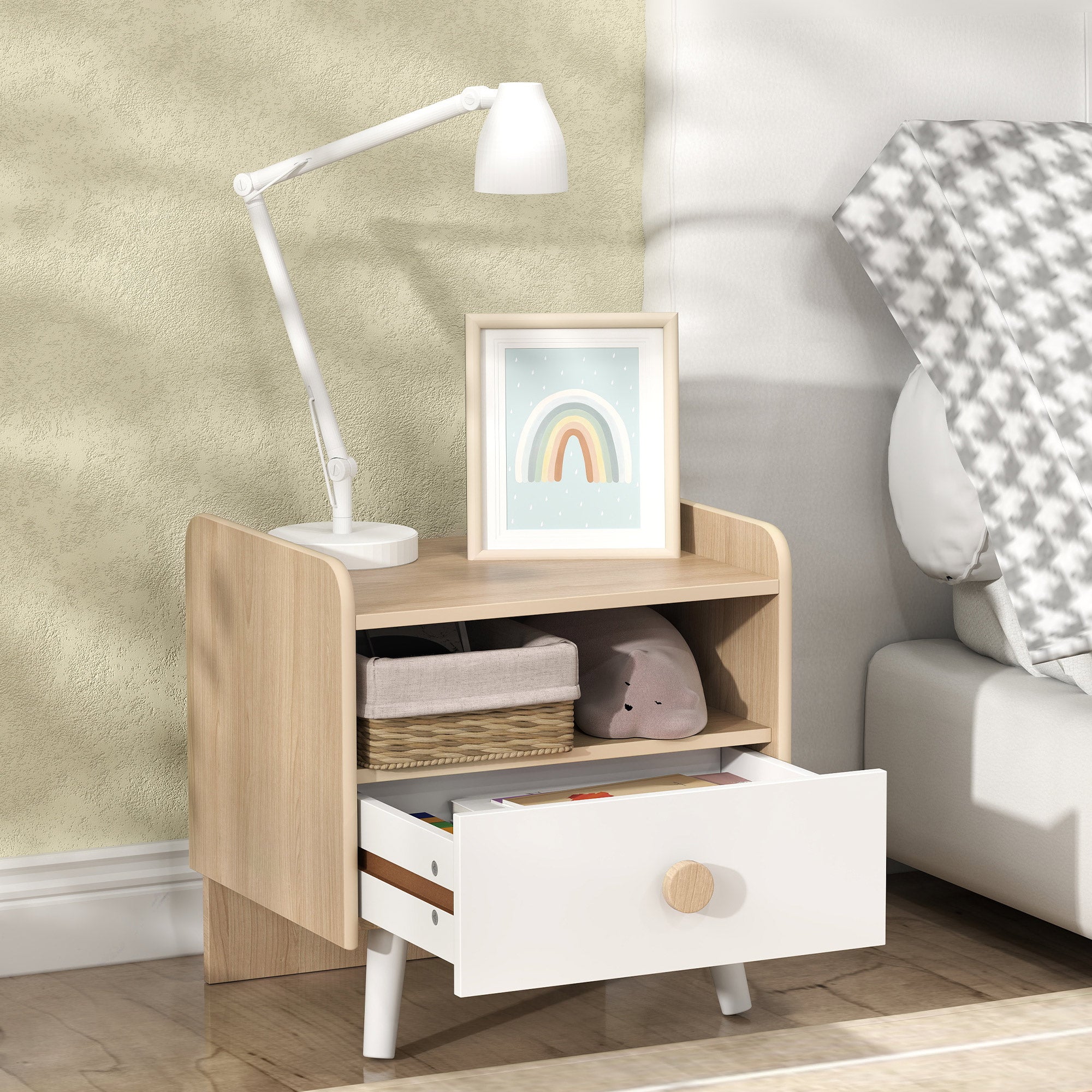 Table de chevet enfant table de nuit enfant avec tiroir et niche, petite table d'appoint en bois pour chambre d'enfant
