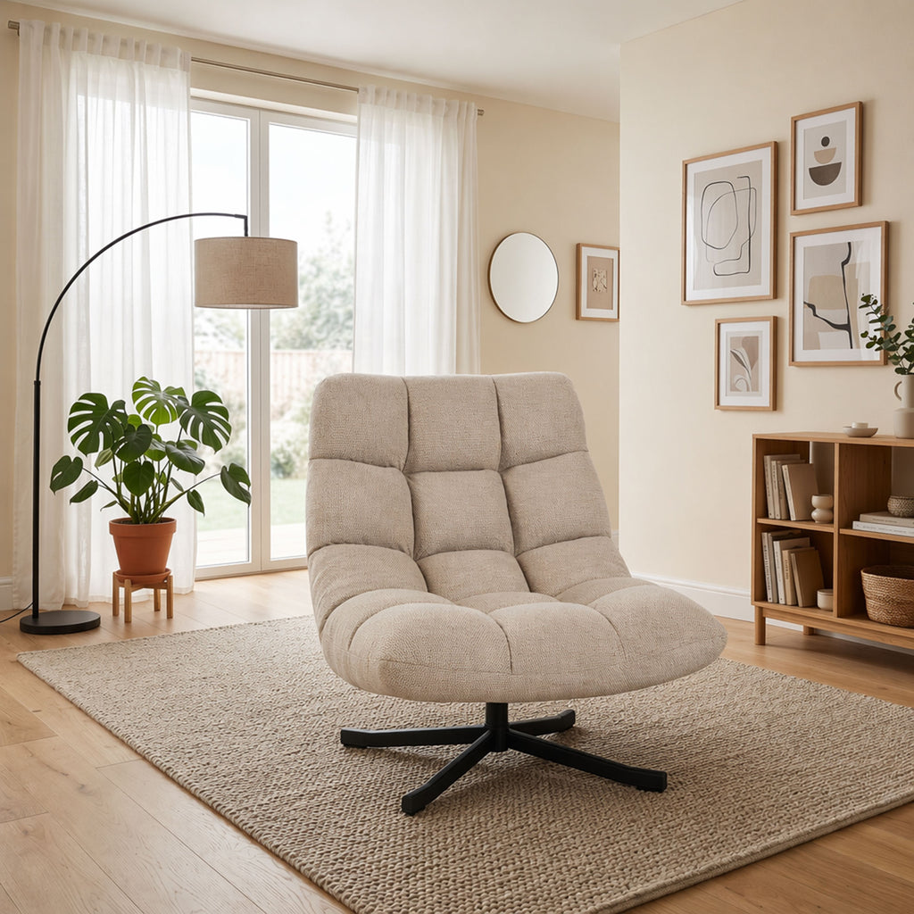 Fauteuil Salon sans Accoudoirs, Chaise Pivotante en Tissu Chenille, Assise Large, 75 x 95 x 90 cm, Crème