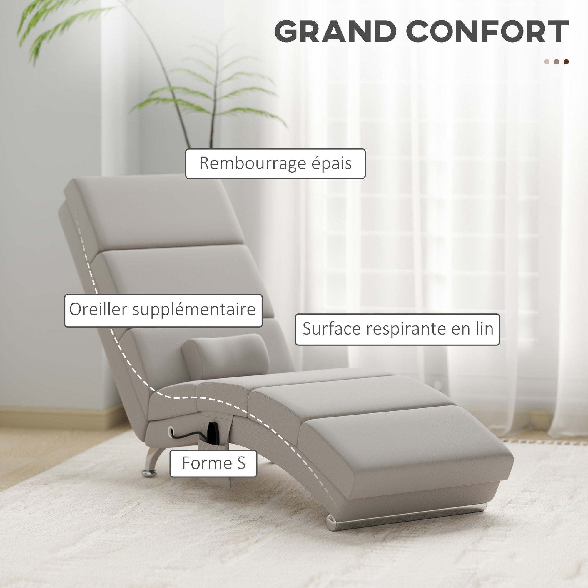 Fauteuil relax salon fauteuil de massage et chauffage meridienne avec télécommande et oreiller, tissu effet lin, crème