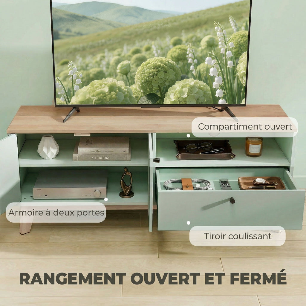 Meuble TV 120 cm, meuble télé pour téléviseur jusqu'à 36 pouces avec 2 portes, tiroir, compartiment ouvert, vert clair