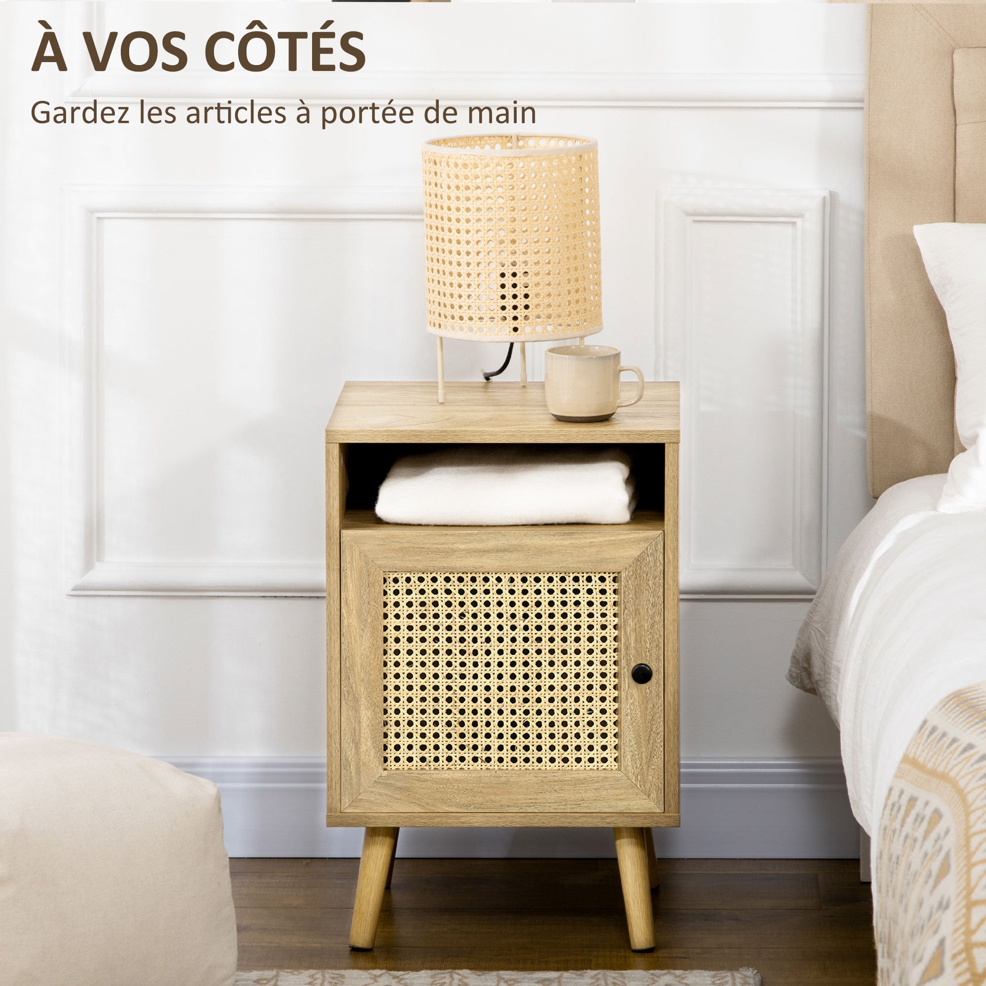Table de chevet table de nuit avec placard porte cannage et niche design vintage 39 x 35 x 60 cm naturel