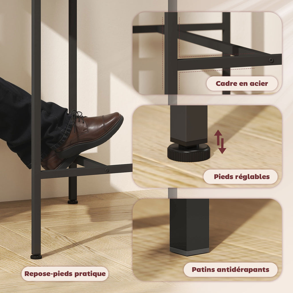 Ensemble table de bar avec 2 tabourets, cadre en acier pour cuisine, salle à manger et salon, effet bois naturel