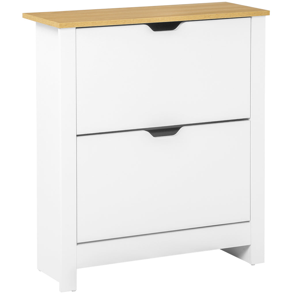 Meuble à chaussures 12 paires, armoire à chaussures étroite avec 2 tiroirs rabattables et étagères réglables, style moderne, pour couloir, entrée, 72 x 26 x 80 cm, blanc et bois naturel