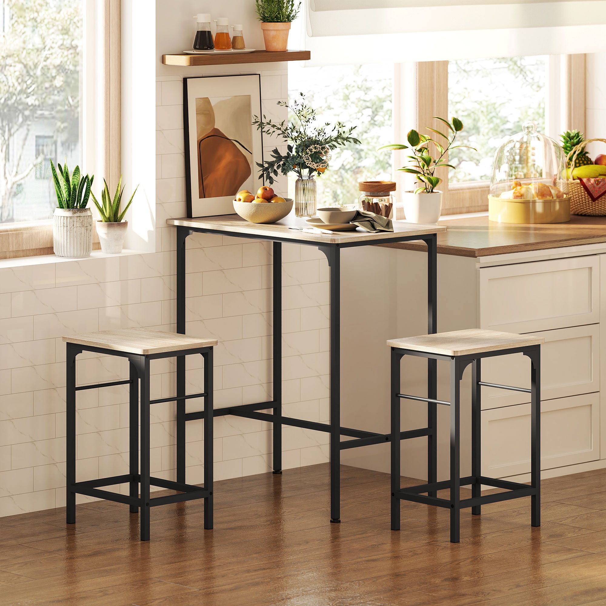 Ensemble table de bar avec 2 tabourets, cadre en acier pour cuisine, salle à manger et salon, effet bois naturel