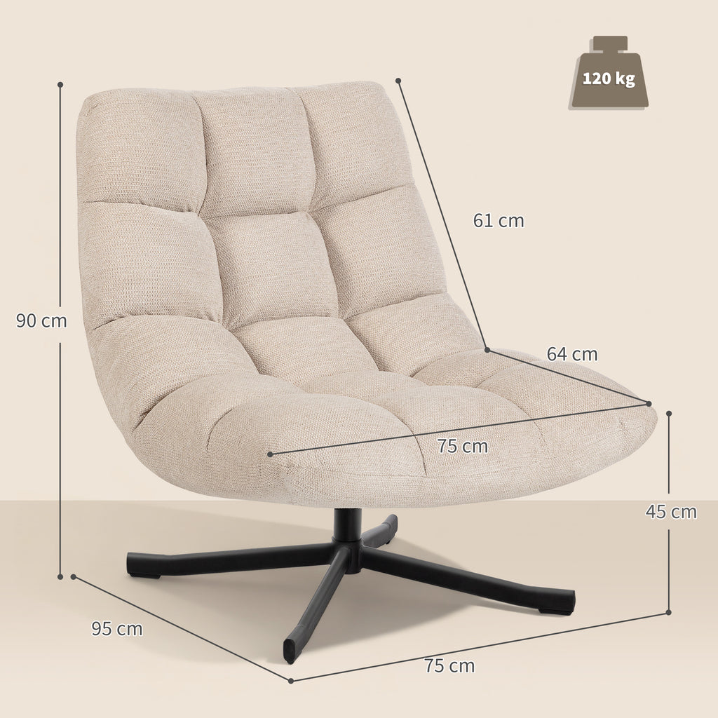 Fauteuil Salon sans Accoudoirs, Chaise Pivotante en Tissu Chenille, Assise Large, 75 x 95 x 90 cm, Crème