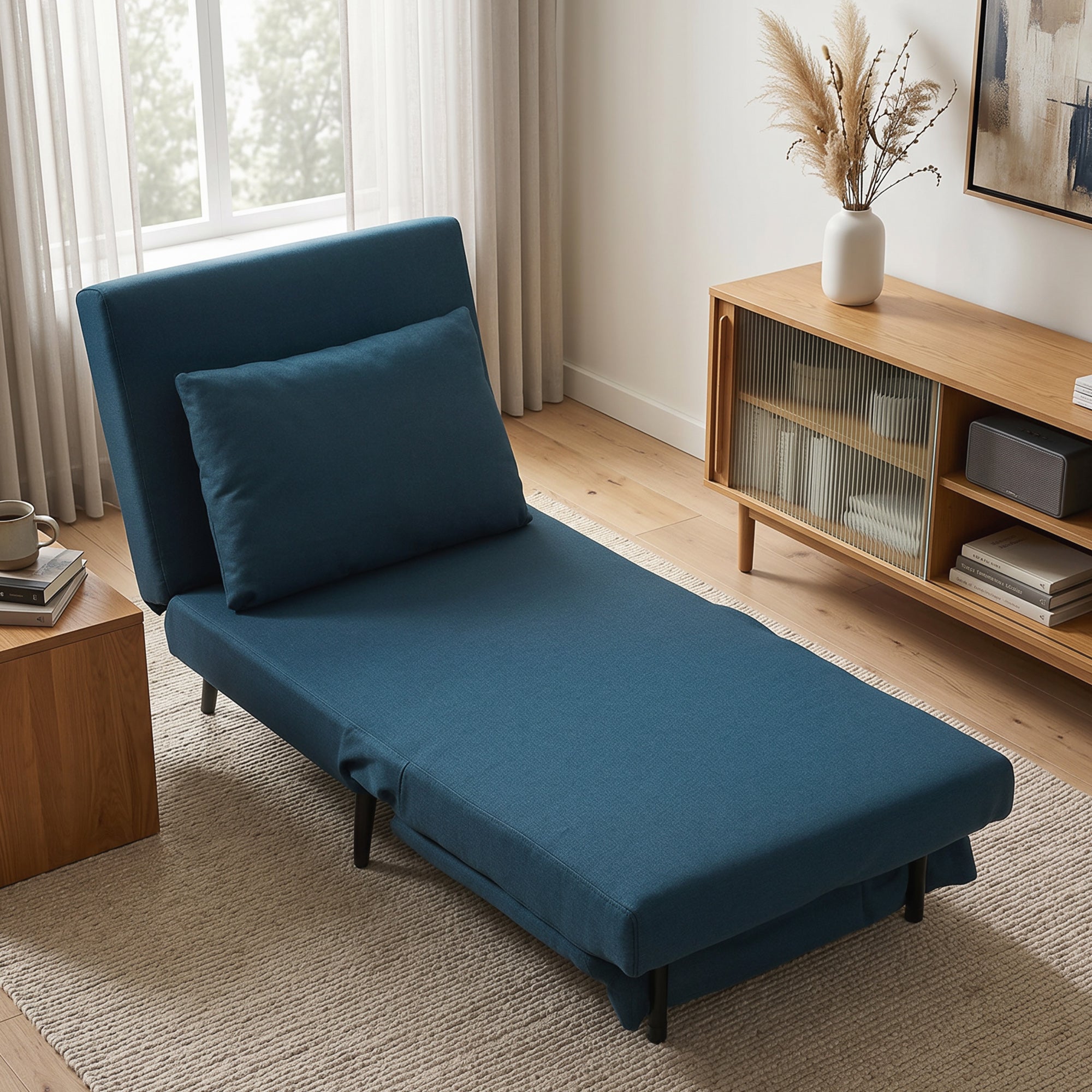 Fauteuil Convertible 1 Place, Fauteuil-Lit Clic-Clac 3 en 1 avec Dossier Réglable, Oreiller, Assise Large, Bleu