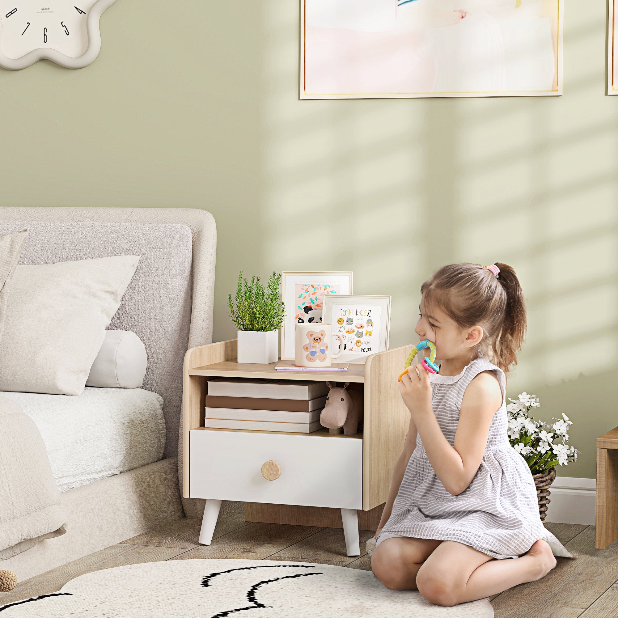 Table de chevet enfant table de nuit enfant avec tiroir et niche, petite table d'appoint en bois pour chambre d'enfant