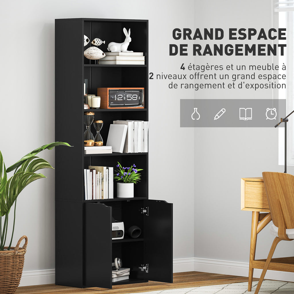 Bibliothèque Armoire à livres avec 4 compartiments ouverts et 2 portes pour le salon et le bureau 59x29x180 cm Noir