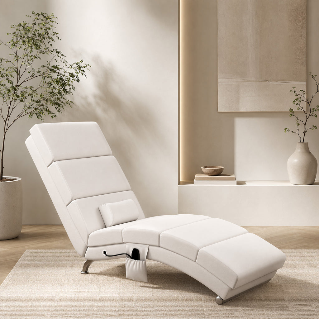 Fauteuil relax salon fauteuil de massage et chauffage meridienne avec télécommande et oreiller, tissu effet lin, crème