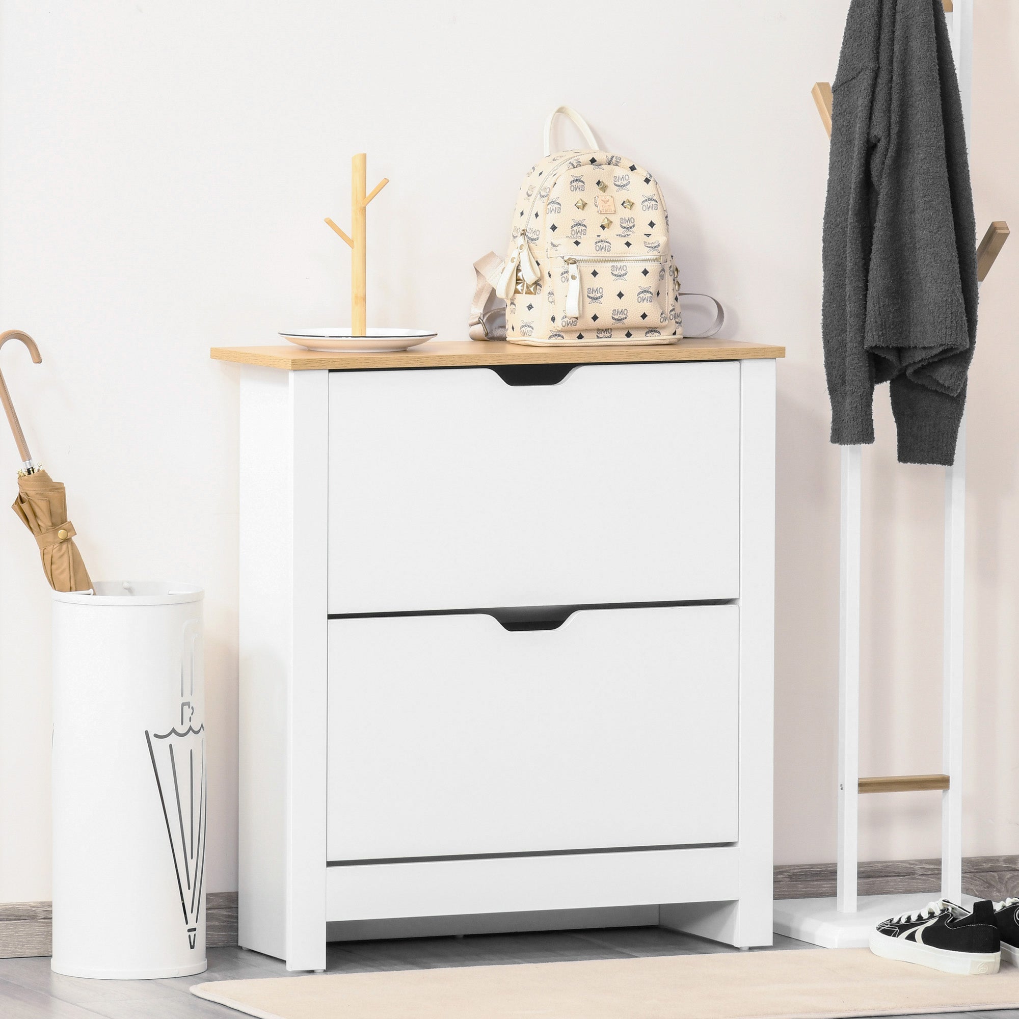 Meuble à chaussures 12 paires, armoire à chaussures étroite avec 2 tiroirs rabattables et étagères réglables, style moderne, pour couloir, entrée, 72 x 26 x 80 cm, blanc et bois naturel