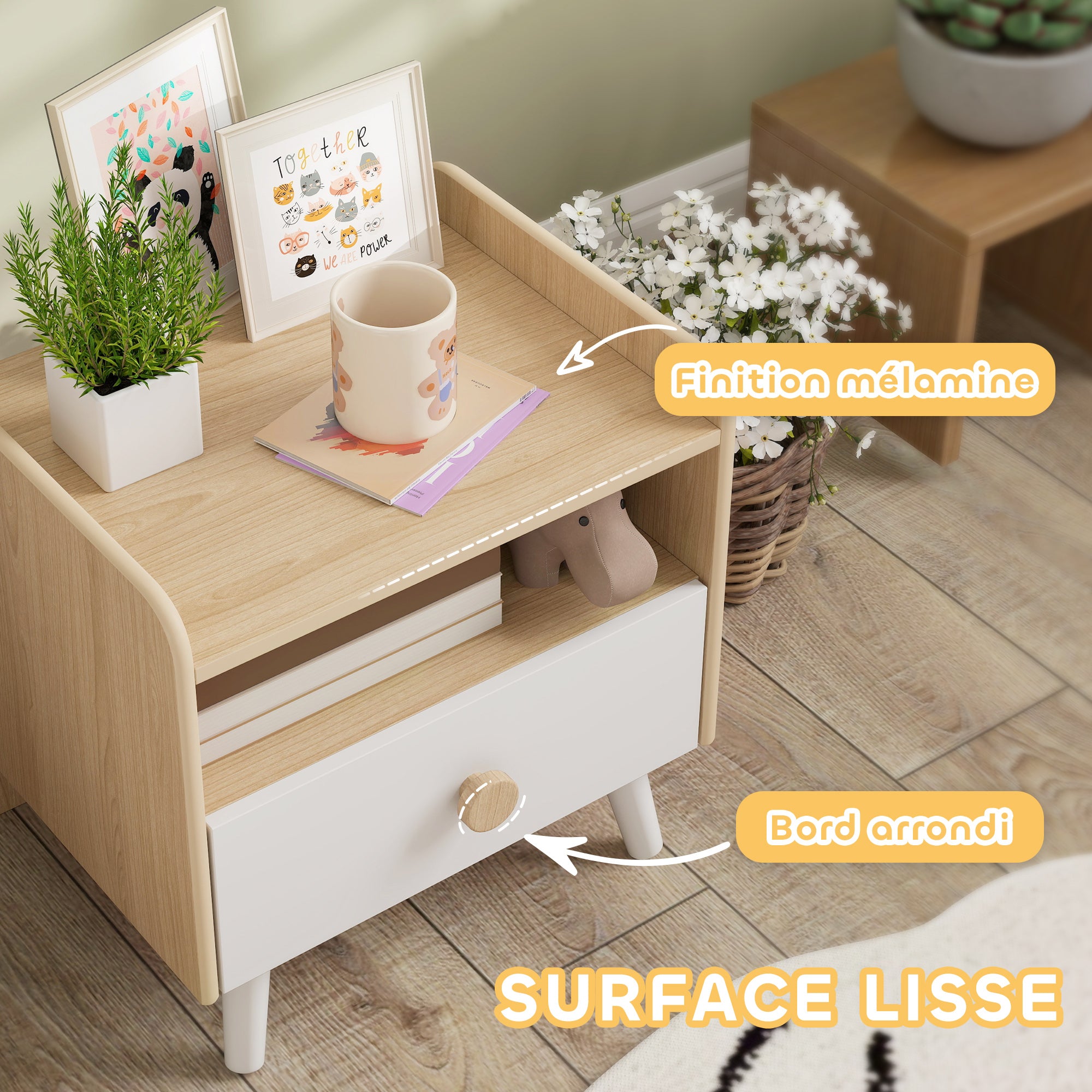 Table de chevet enfant table de nuit enfant avec tiroir et niche, petite table d'appoint en bois pour chambre d'enfant