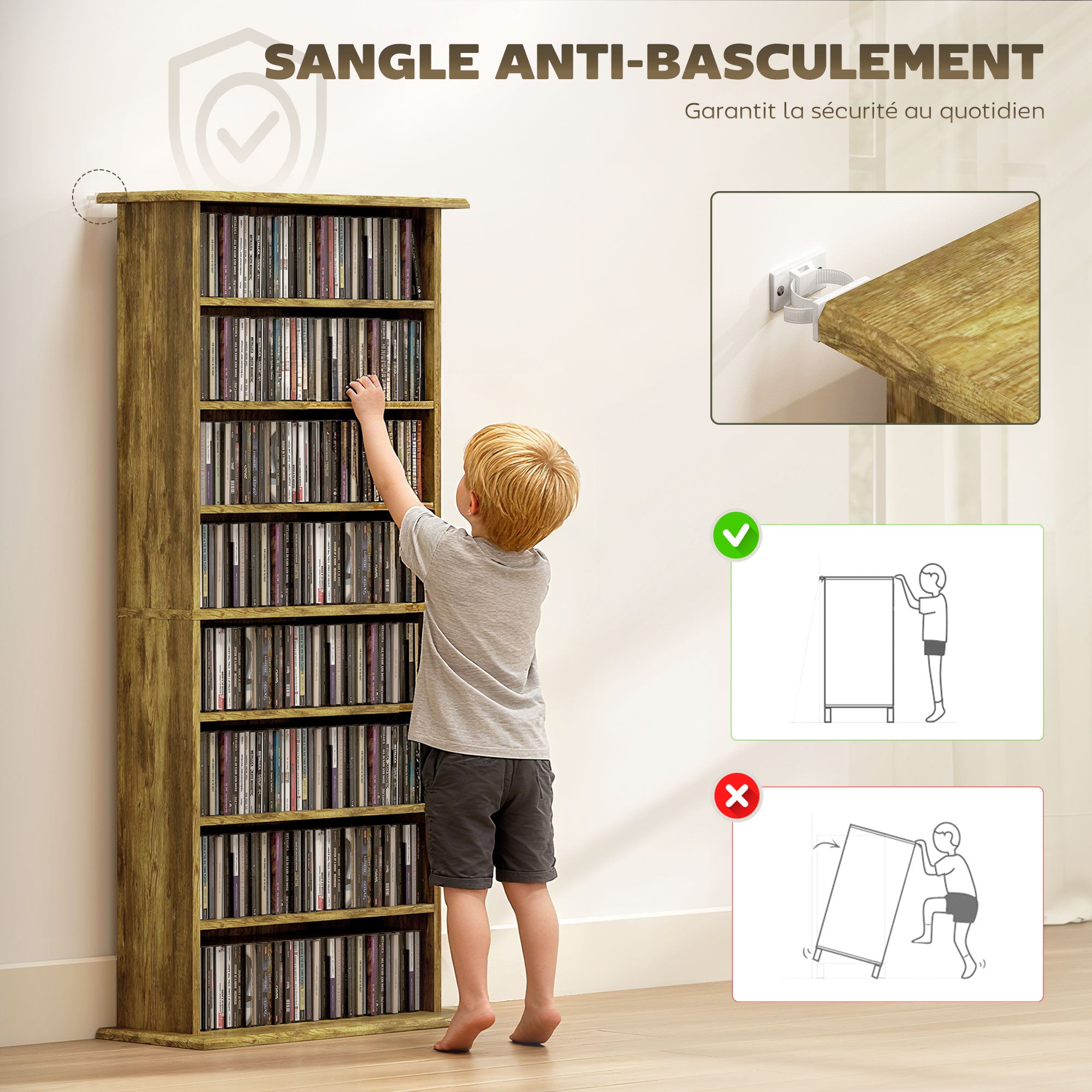 Rangements pour CD et DVD avec 8 compartiments et 6 étagères réglables, capacité max. 360 CD/185 DVD et Blu-ray, marron