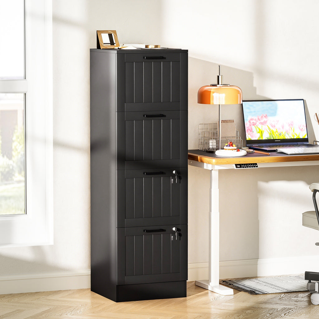 Caisson bureau, meuble rangement bois 4 tiroirs et serrure, barres de suspension réglables, 40 x 40 x 131 cm, noir