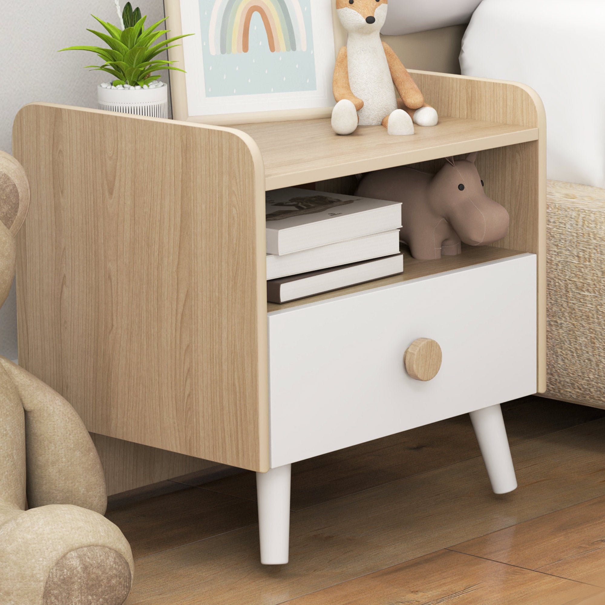 Table de chevet enfant table de nuit enfant avec tiroir et niche, petite table d'appoint en bois pour chambre d'enfant