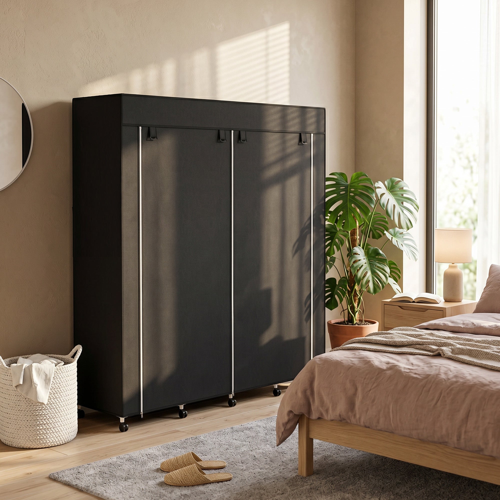 Armoire penderie en tissu, meuble de rangement mobile 10 roulettes avec 10 compartiments, barres de suspension, noir