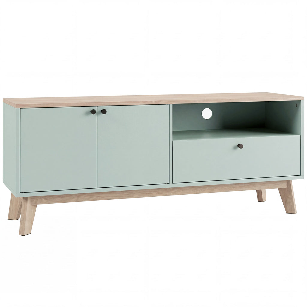 Meuble TV 120 cm, meuble télé pour téléviseur jusqu'à 36 pouces avec 2 portes, tiroir, compartiment ouvert, vert clair