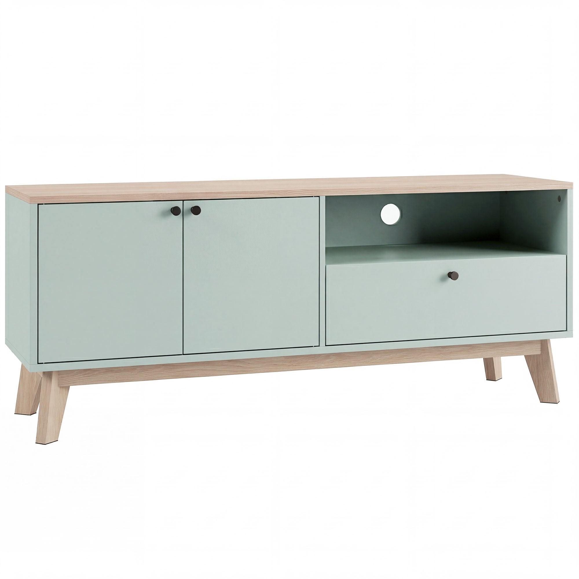 Meuble TV 120 cm, meuble télé pour téléviseur jusqu'à 36 pouces avec 2 portes, tiroir, compartiment ouvert, vert clair