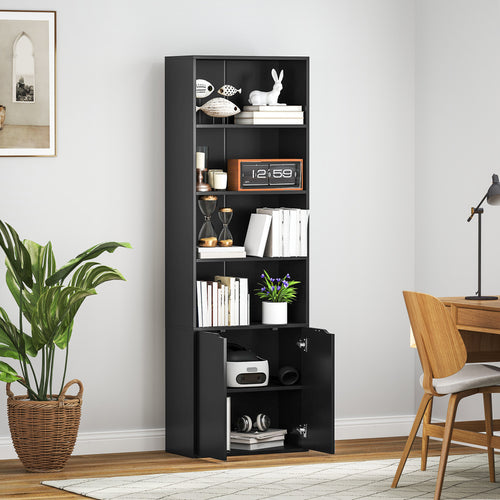 Bibliothèque Armoire à livres avec 4 compartiments ouverts et 2 portes pour le salon et le bureau 59x29x180 cm Noir