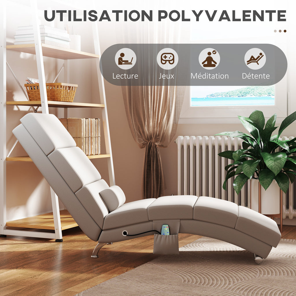 Fauteuil relax salon fauteuil de massage et chauffage meridienne avec télécommande et oreiller, tissu effet lin, crème