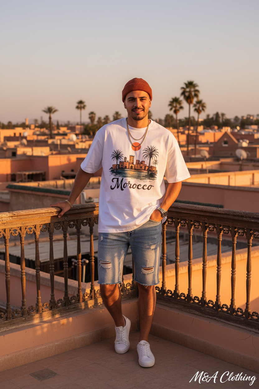 T-Shirt Maroc Vintage – Paysage Urbain & Palmiers