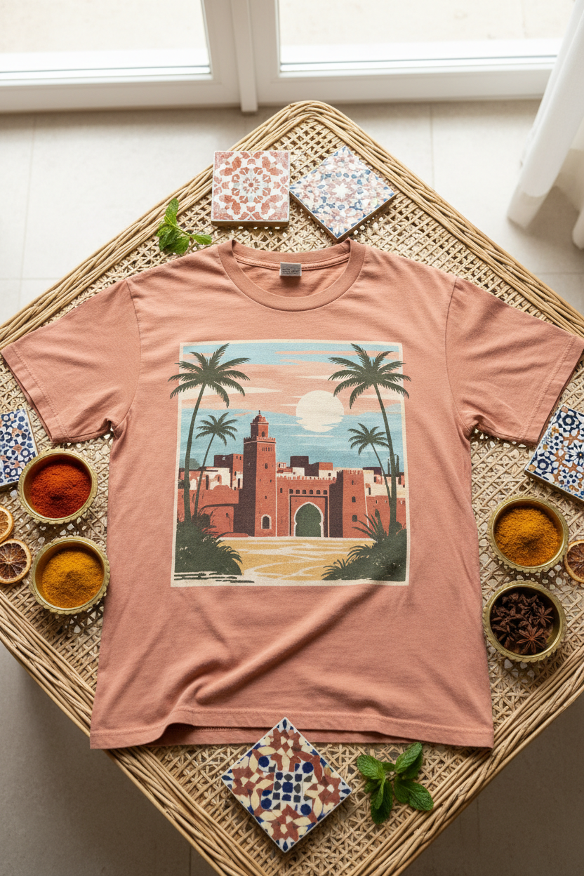 T-Shirt Maroc Vintage – Paysage Urbain & Palmiers