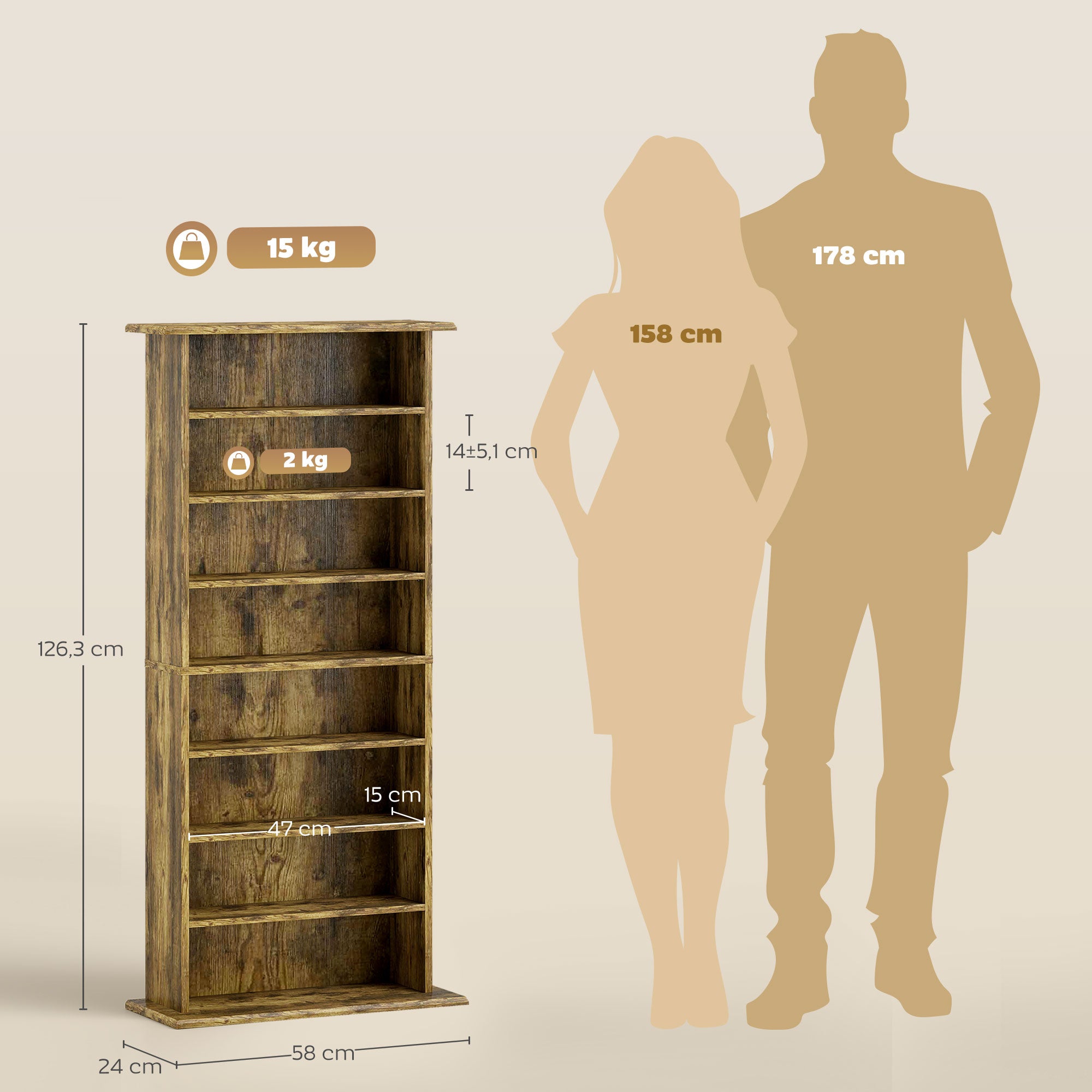 Rangements pour CD et DVD avec 8 compartiments et 6 étagères réglables, capacité max. 360 CD/185 DVD et Blu-ray, marron
