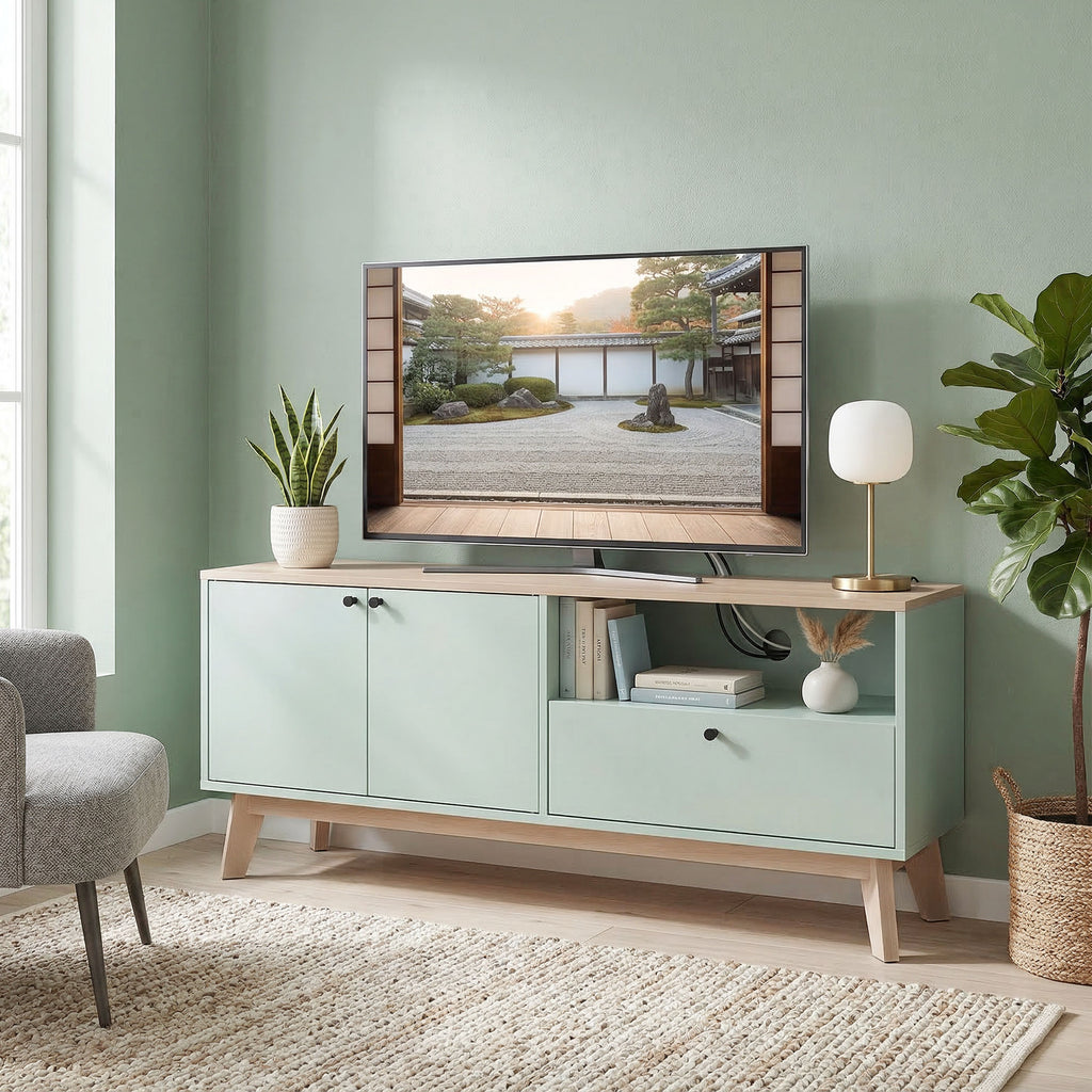 Meuble TV 120 cm, meuble télé pour téléviseur jusqu'à 36 pouces avec 2 portes, tiroir, compartiment ouvert, vert clair