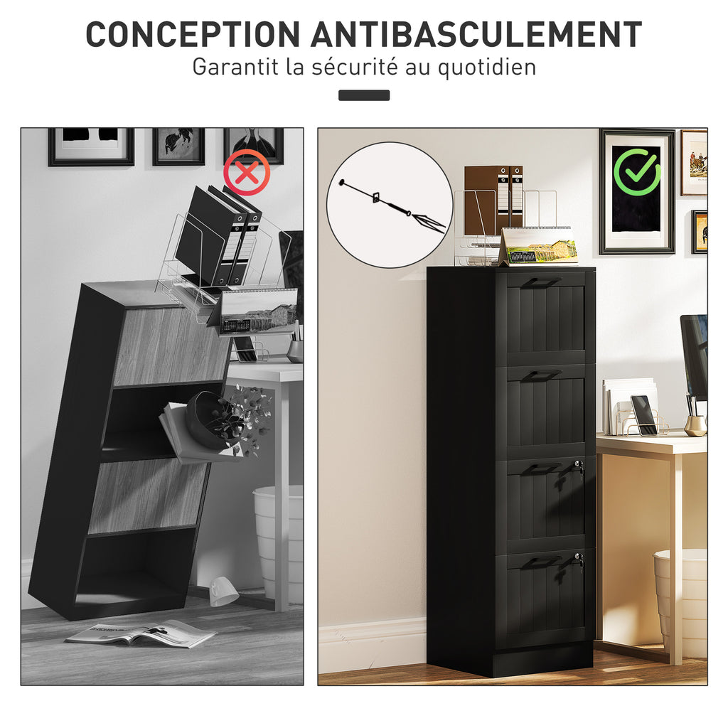 Caisson bureau, meuble rangement bois 4 tiroirs et serrure, barres de suspension réglables, 40 x 40 x 131 cm, noir