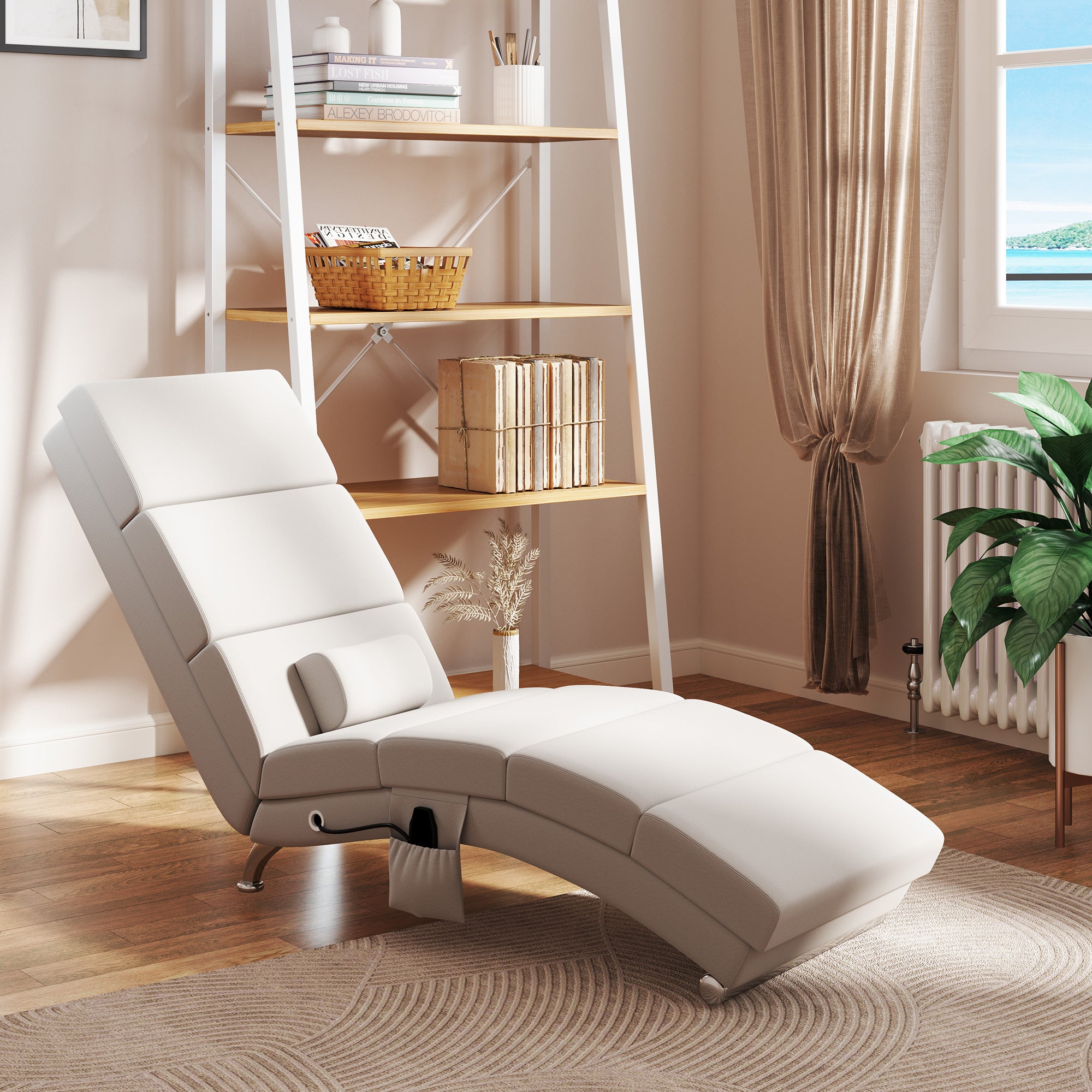 Fauteuil relax salon fauteuil de massage et chauffage meridienne avec télécommande et oreiller, tissu effet lin, crème