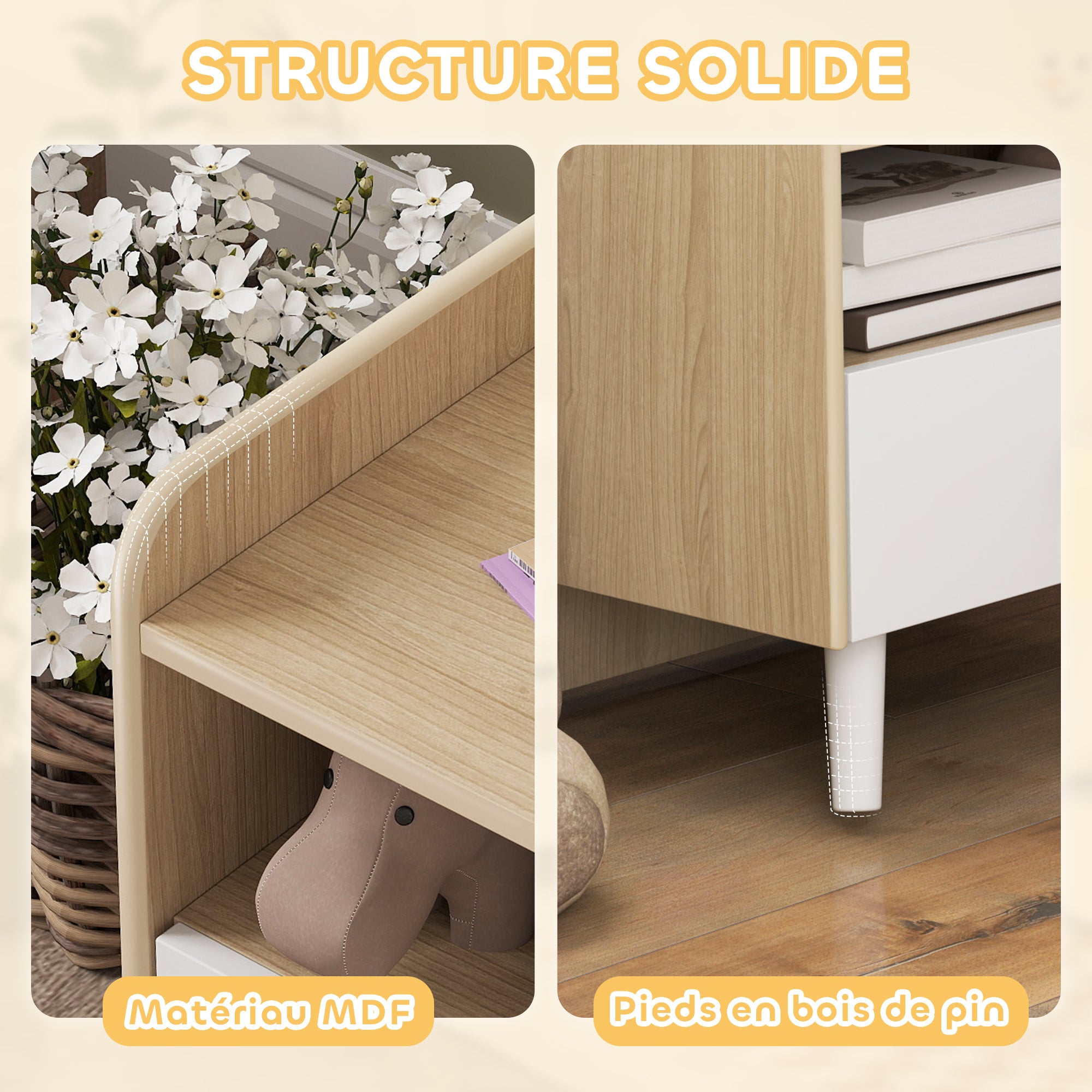 Table de chevet enfant table de nuit enfant avec tiroir et niche, petite table d'appoint en bois pour chambre d'enfant