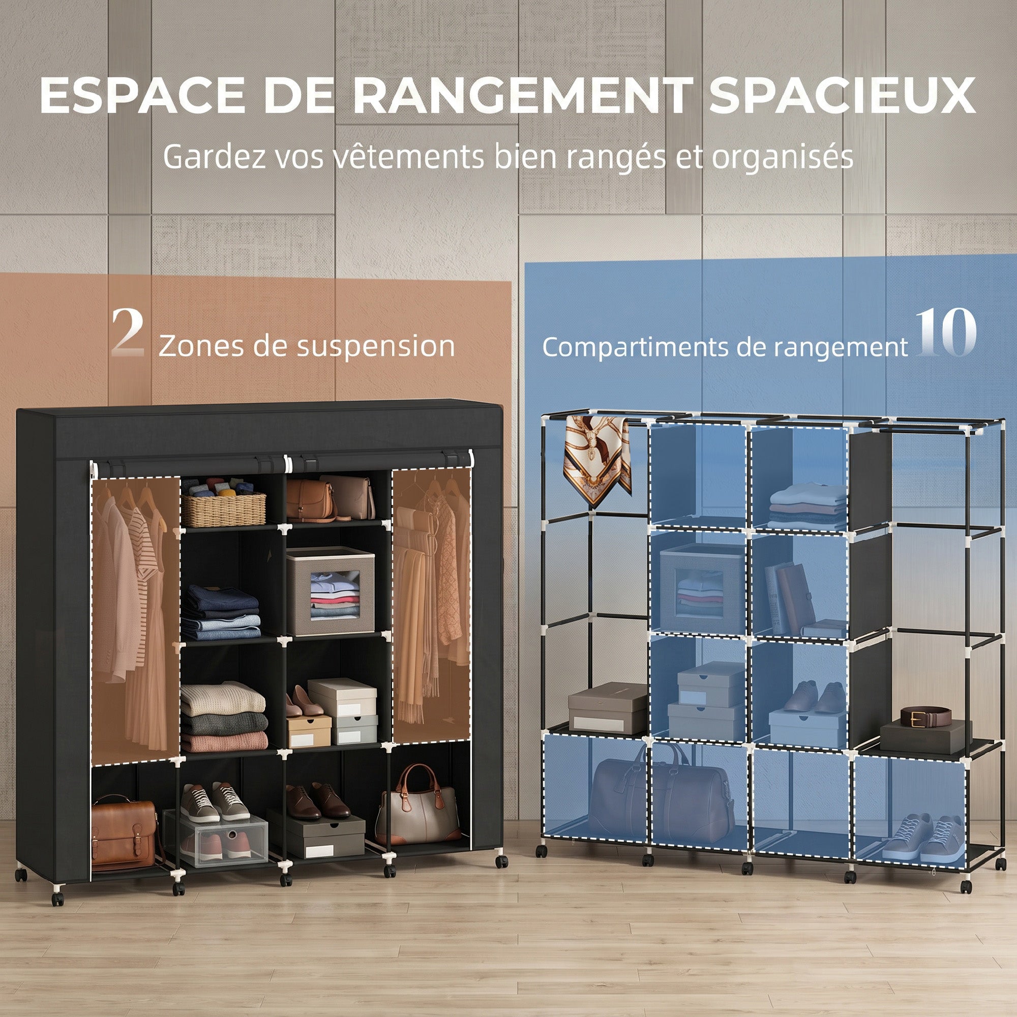 Armoire penderie en tissu, meuble de rangement mobile 10 roulettes avec 10 compartiments, barres de suspension, noir