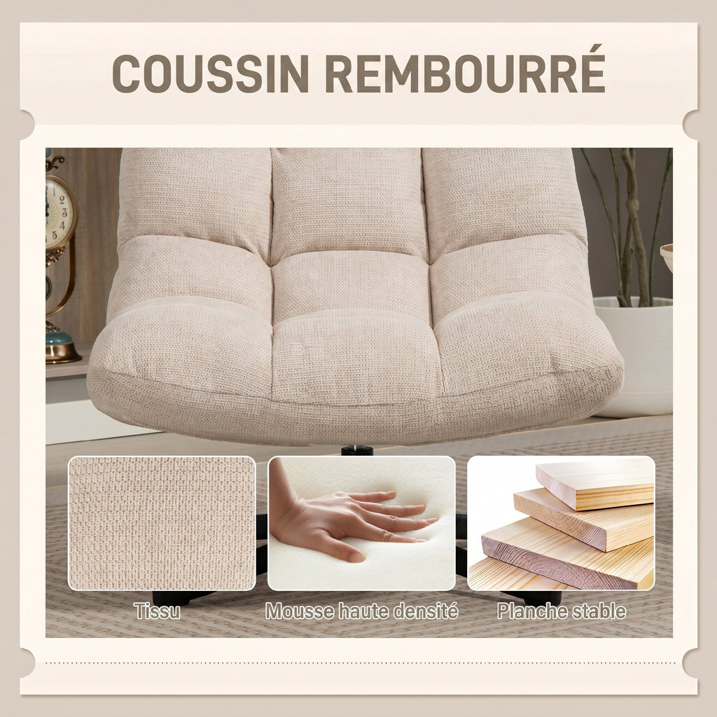 Fauteuil Salon sans Accoudoirs, Chaise Pivotante en Tissu Chenille, Assise Large, 75 x 95 x 90 cm, Crème