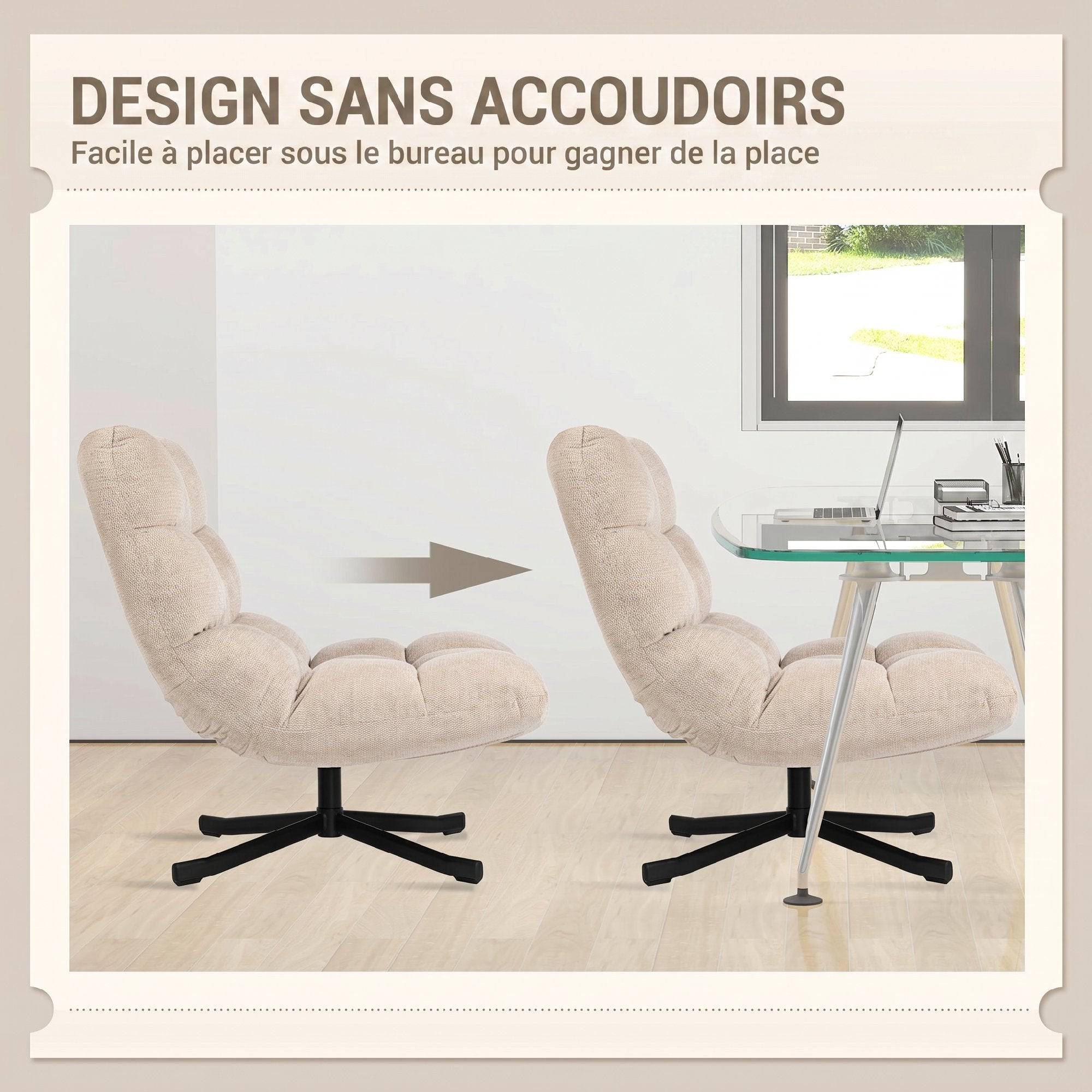 Fauteuil Salon sans Accoudoirs, Chaise Pivotante en Tissu Chenille, Assise Large, 75 x 95 x 90 cm, Crème