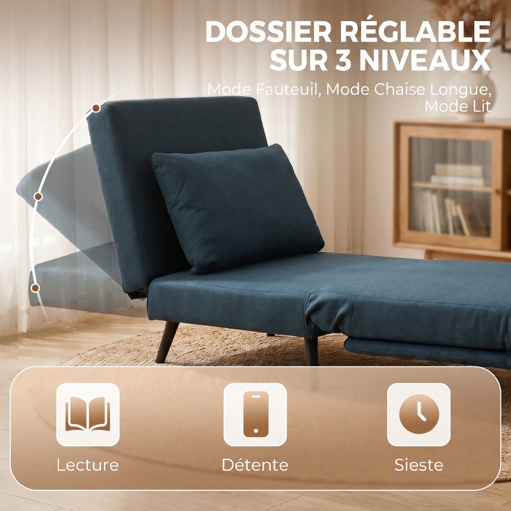 Fauteuil Convertible 1 Place, Fauteuil-Lit Clic-Clac 3 en 1 avec Dossier Réglable, Oreiller, Assise Large, Bleu
