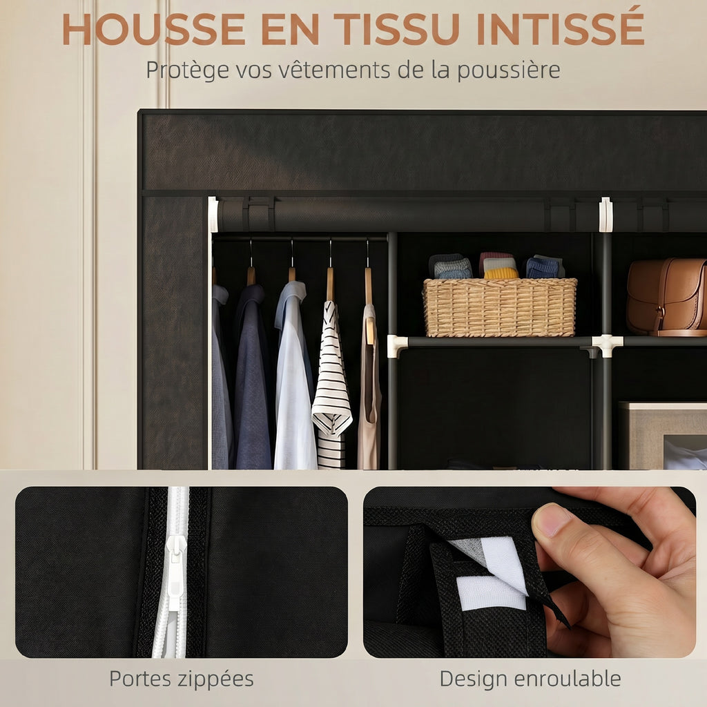Armoire penderie en tissu, meuble de rangement mobile 10 roulettes avec 10 compartiments, barres de suspension, noir