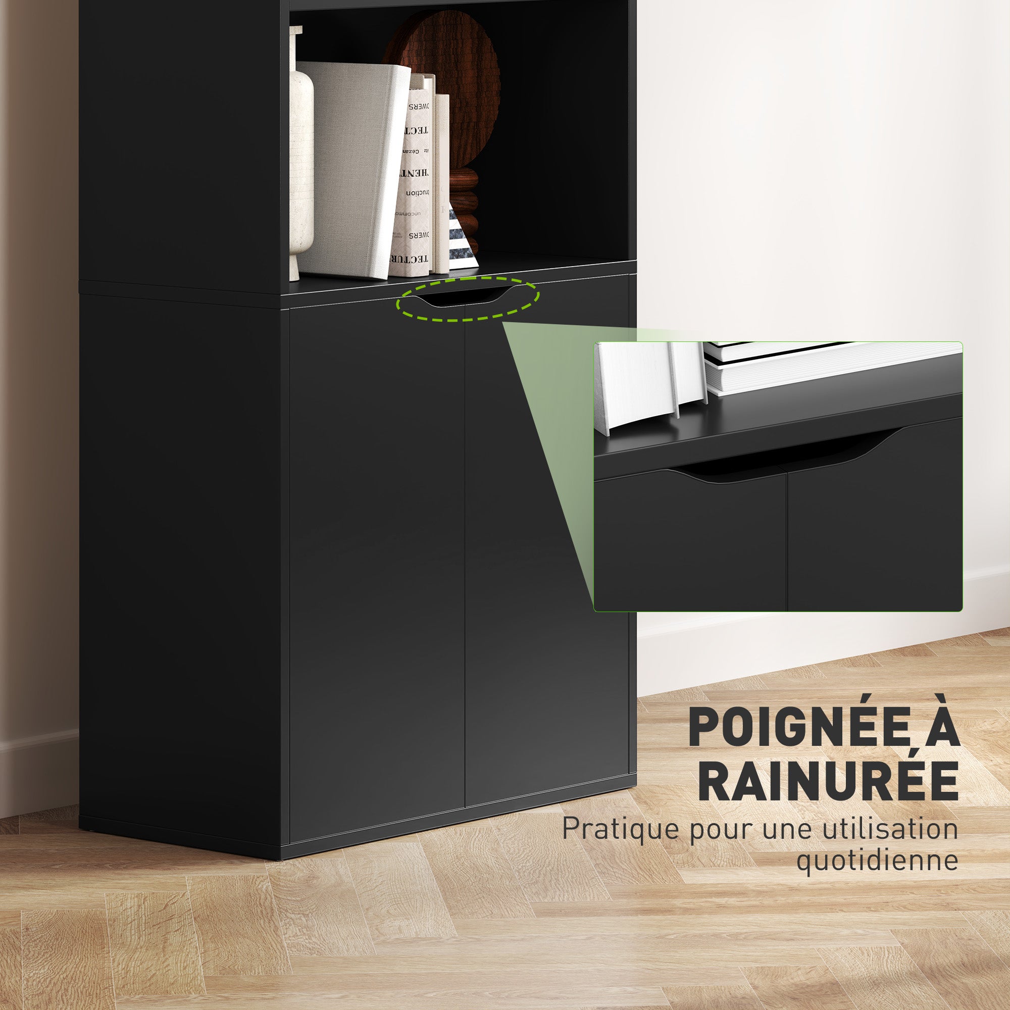 Bibliothèque Armoire à livres avec 4 compartiments ouverts et 2 portes pour le salon et le bureau 59x29x180 cm Noir