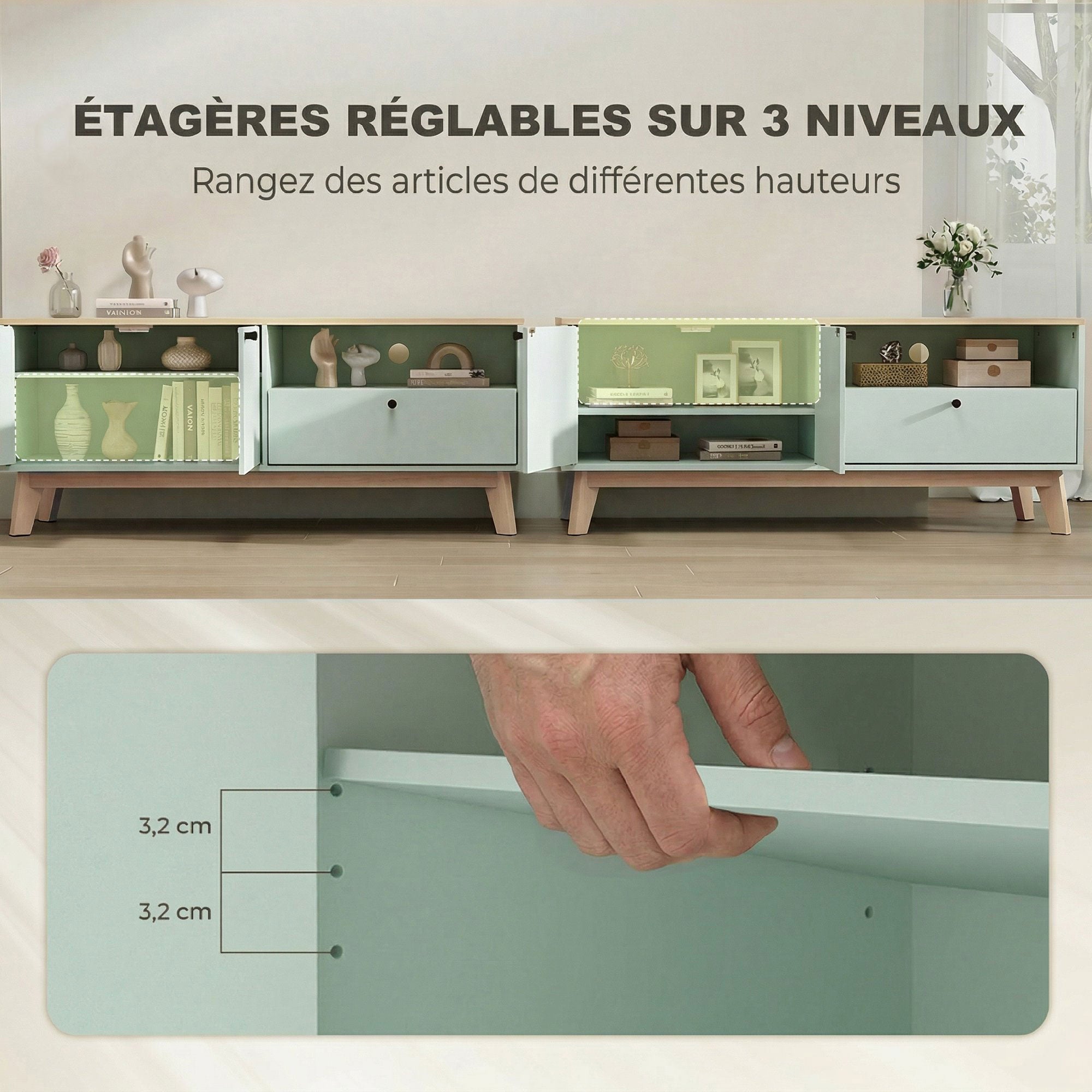 Meuble TV 120 cm, meuble télé pour téléviseur jusqu'à 36 pouces avec 2 portes, tiroir, compartiment ouvert, vert clair