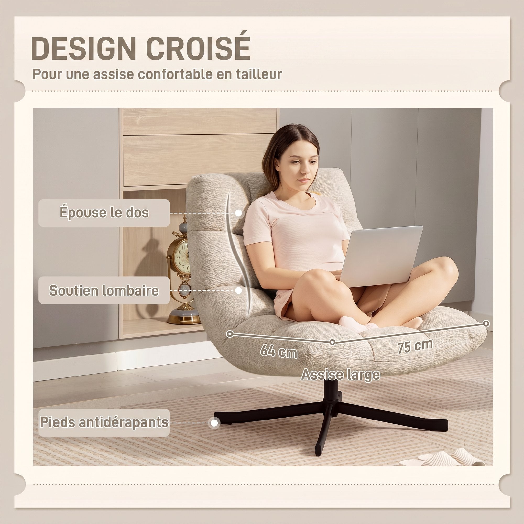 Fauteuil Salon sans Accoudoirs, Chaise Pivotante en Tissu Chenille, Assise Large, 75 x 95 x 90 cm, Crème