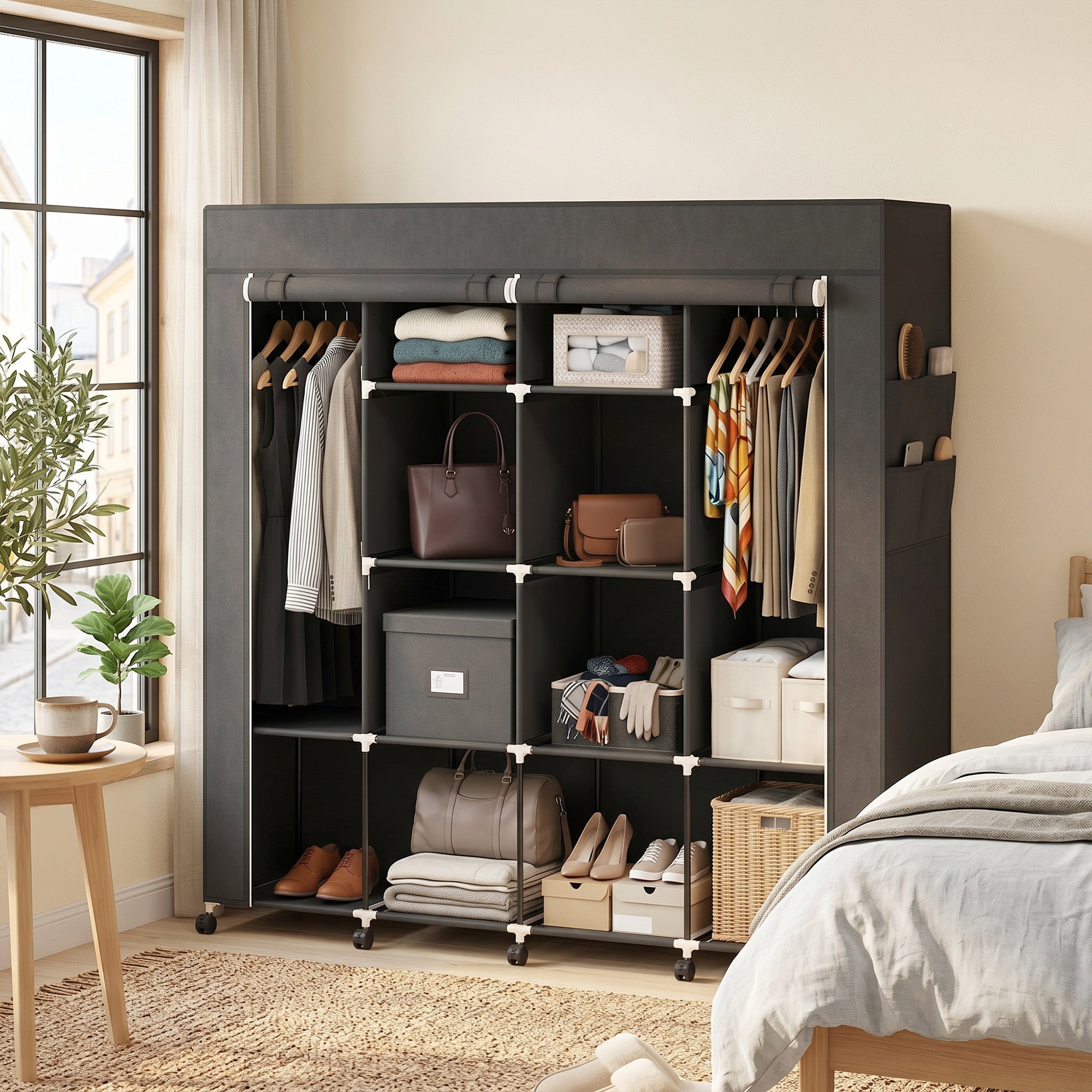Armoire penderie en tissu, meuble de rangement mobile 10 roulettes avec 10 compartiments, barres de suspension, noir
