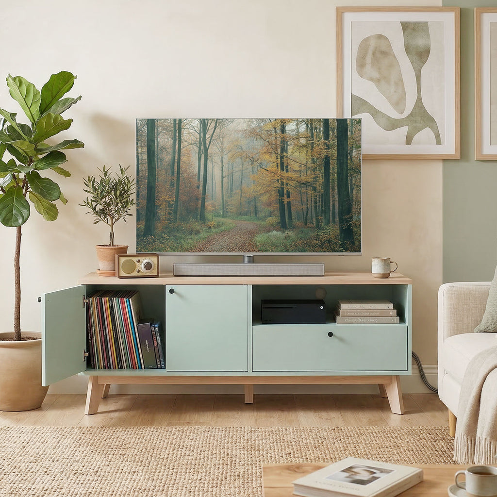 Meuble TV 120 cm, meuble télé pour téléviseur jusqu'à 36 pouces avec 2 portes, tiroir, compartiment ouvert, vert clair