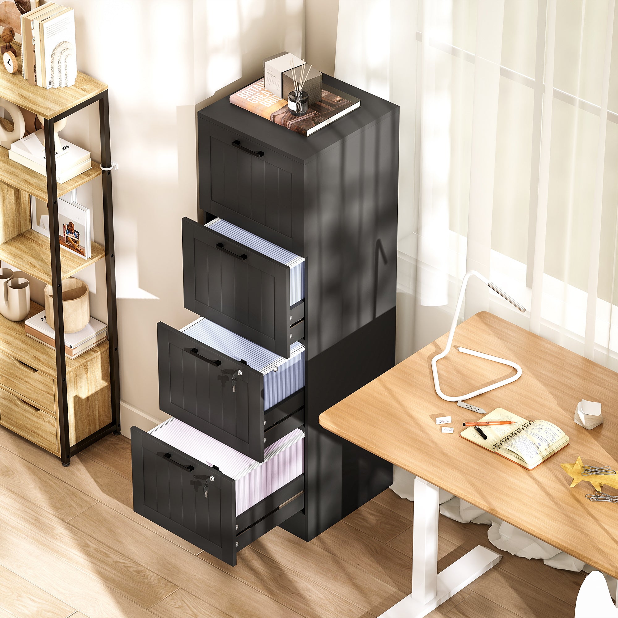 Caisson bureau, meuble rangement bois 4 tiroirs et serrure, barres de suspension réglables, 40 x 40 x 131 cm, noir