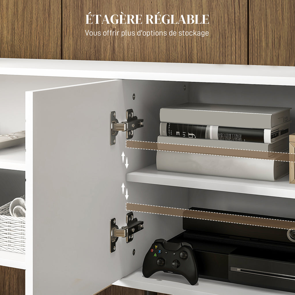 Meuble TV pour télévision jusqu'à 65 pouces avec 2 compartiments ouverts et 1 étagère réglable 145x38x65 cm Blanc